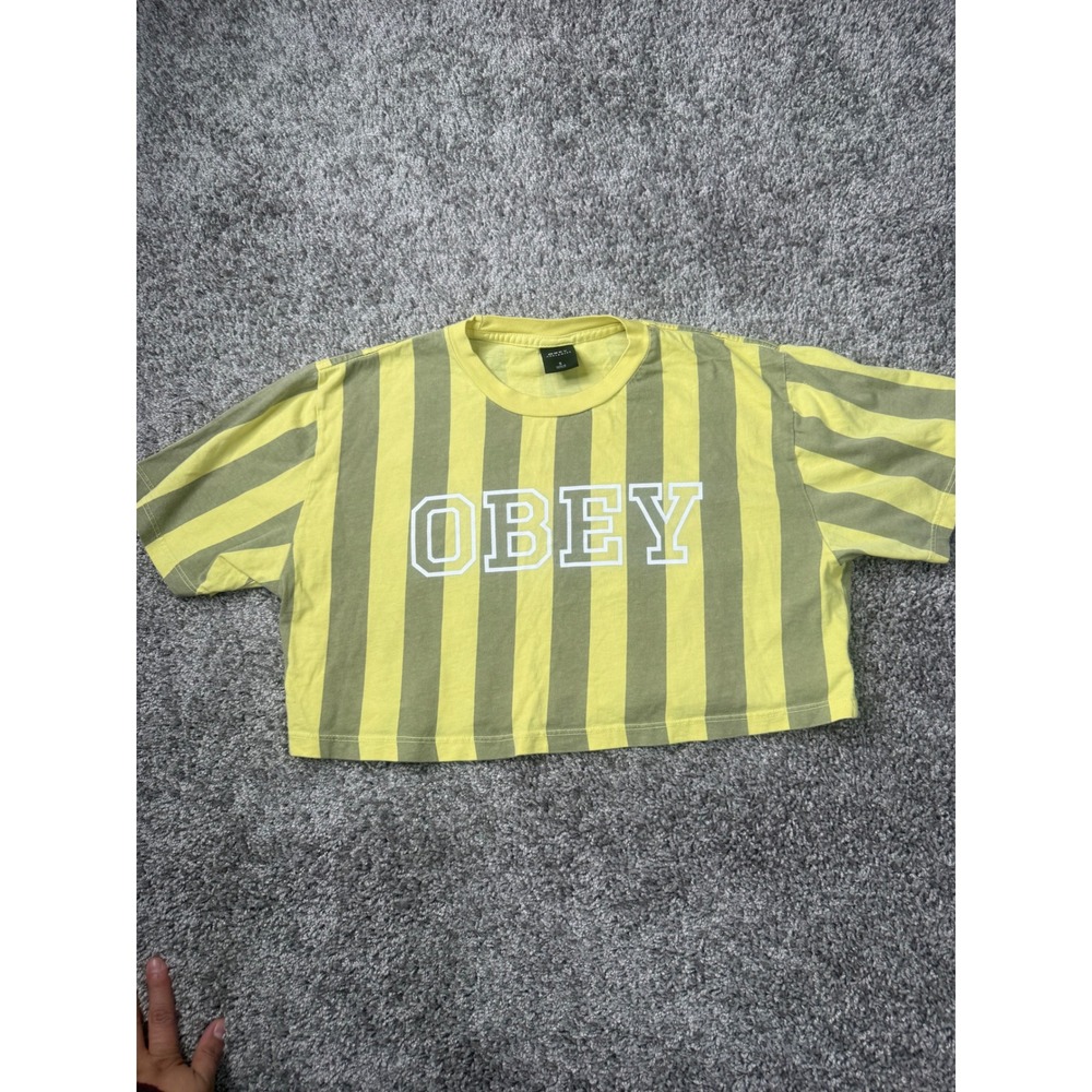 OBEY Worldwide Striped Crop T-Shirt Women's S Yellow Gray Streetwear